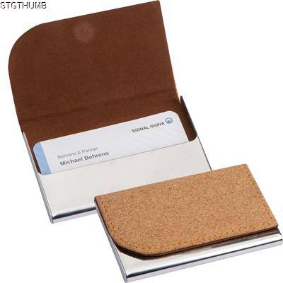 METAL BUSINESS CARD HOLDER with Cork Surface in Beige