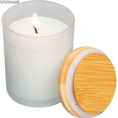 CANDLE in Frosted Glass with Bamboo Lid in Clear Transparent