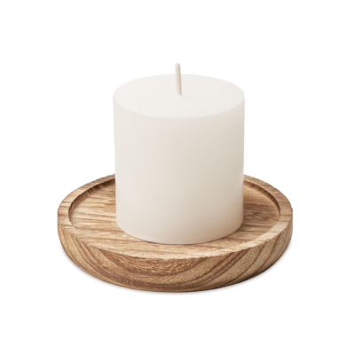 CANDLE ON ROUND WOOD BASE in Brown