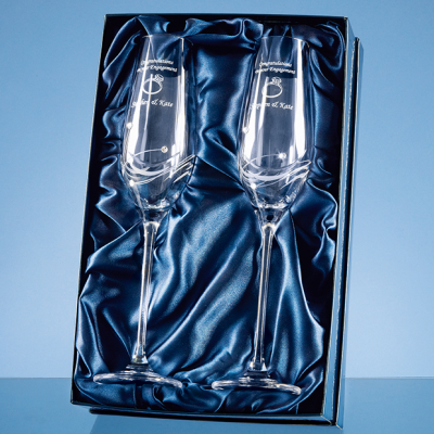 2 DIAMANTE CHAMPAGNE FLUTES with Elegance Spiral Cutting in an Attractive Gift Box