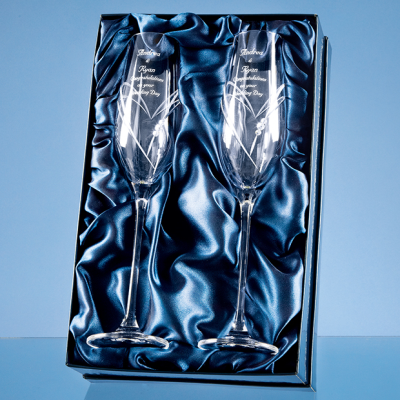 2 DIAMANTE CHAMPAGNE FLUTES with Heart Shape Cutting in an Attractive Gift Box