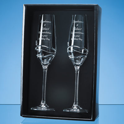 2 DIAMANTE CHAMPAGNE FLUTES with Modena Spiral Cutting in an Attractive Gift Box
