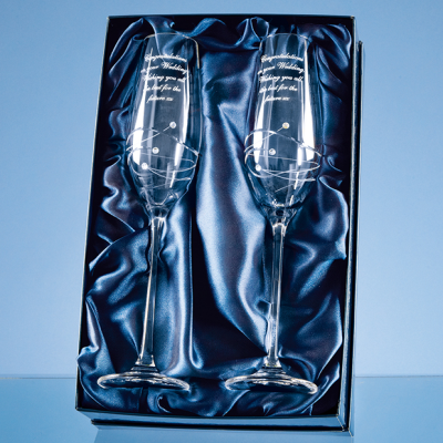 2 DIAMANTE CHAMPAGNE FLUTES with Spiral Design Cutting in an Attractive Gift Box