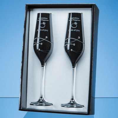 2 ONYX BLACK DIAMANTE CHAMPAGNE FLUTES WITH SPIRAL DESIGN CUTTING IN AN ATTRACTIVE GIFT BOX