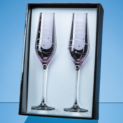2 PINK DIAMANTE CHAMPAGNE FLUTES with Spiral Design Cutting in an Attractive Gift Box
