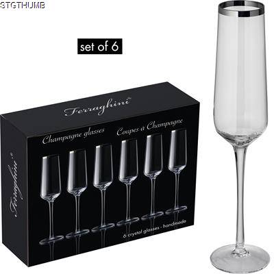 SET OF 6 CRYSTAL CHAMPAGNE GLASS MOUTH-BLOWN & DISHWASHER SAFE