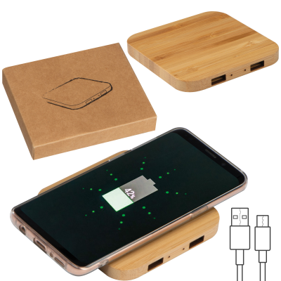 BAMBOO CORDLESS CHARGER with 2 USB Ports in Beige