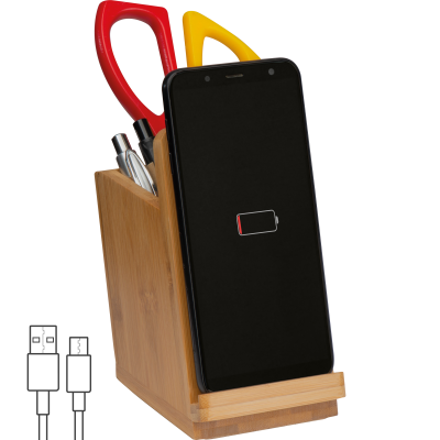 BAMBOO CORDLESS CHARGER with Pen Holder in Beige