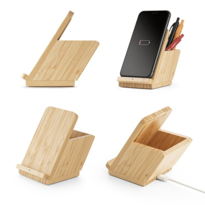 LEAVITT SMARTPHONE HOLDER AND BALL PEN HOLDER with 10W Fast Cordless Charger in Bamboo