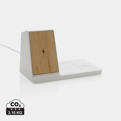 ONTARIO RECYCLED PLASTIC & BAMBOO 3-IN-1 CORDLESS CHARGER in White