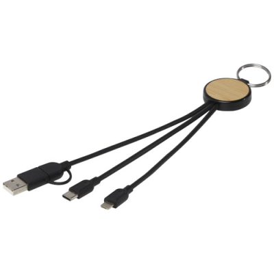 TECTA 6-IN-1 RECYCLED PLASTIC & BAMBOO CHARGER CABLE with Keyring in Solid Black