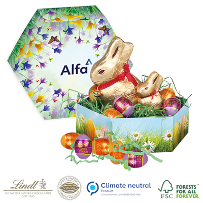 PERSONALISED LINDT EASTER HEXAGONAL GIFT BOX with 2 Lindt Bunnies & Lindor Mini Eggs - PROMOTIONAL CORPORATE GIFT