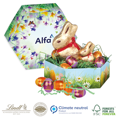 PERSONALISED LINDT EASTER HEXAGONAL GIFT BOX WITH 2 LINDT BUNNIES AND LINDOR MINI EGGS