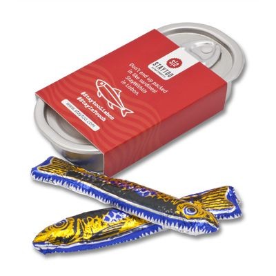 TIN OF CHOCOLATE SARDINES with Branded Sleeve Around Chocolate Tin