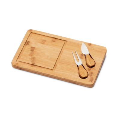 WOODS BAMBOO CHEESE BOARD with 2 Bamboo & Stainless Steel Metal Accessories in Natural