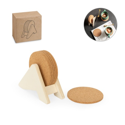 PLYCORK PLYWOOD STAND with 6 Cork Coasters