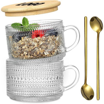 14OZ EMBOSSED GLASS ICED COFFEE MUG SET CUP with Lids