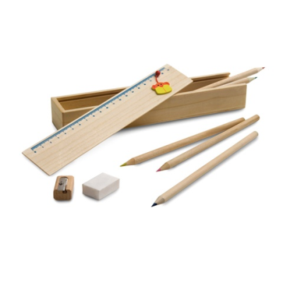 DOODLE WOOD PENCIL BOX SET with Ruler in Light Natural