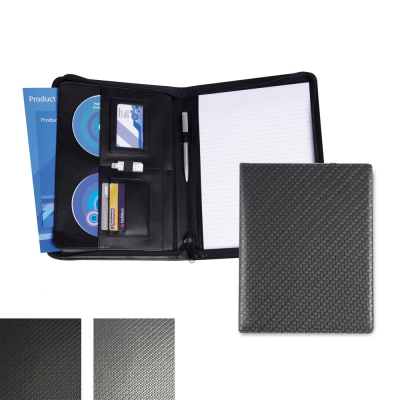 CARBON FIBRE TEXTURED PU A4 DELUXE ZIP CONFERENCE FOLDER