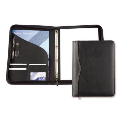 HOUGHTON PU A4 ZIP RING BINDER in Black with Stitching Detail to Spine
