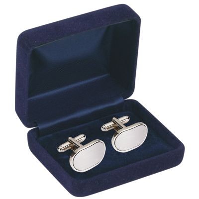 RECTANGULAR BRUSHED SILVER METAL CUFF LINKS in Navy Blue Velvet Box