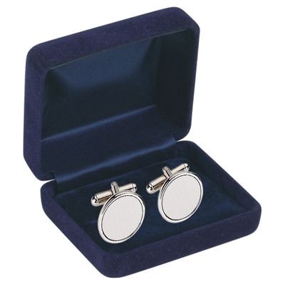 ROUND BRUSHED SILVER METAL CUFF LINKS in Navy Blue Velvet Box