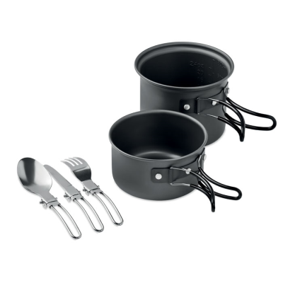 2 CAMPING POTS with Cutlery in Black