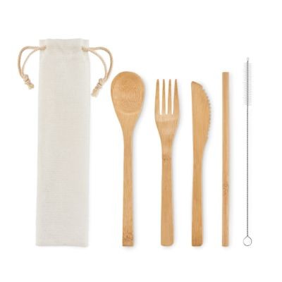 BAMBOO CUTLERY with Straw in Brown