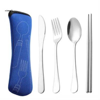 SILVER 4PCS PORTABLE FLATWARE CUTLERY SET with Pouch