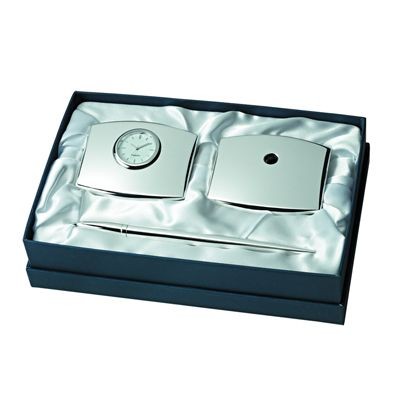 PEN POT & DESK CLOCK GIFT SET in Silver