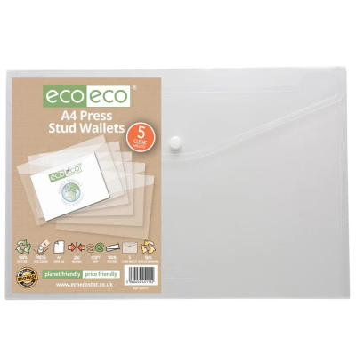 ECO-ECO A4 50% RECYCLED CLEAR TRANSPARENT PRESS STUD WALLET (UK STOCK)