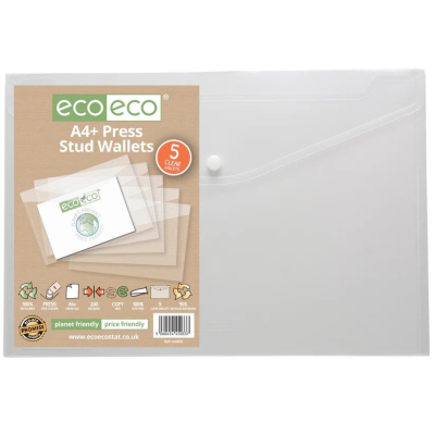ECO-ECO A4+ 95% RECYCLED CLEAR TRANSPARENT PRESS STUD WALLET (UK STOCK)