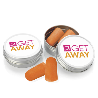 PAIR OF ORANGE EAR PLUGS in a Tin