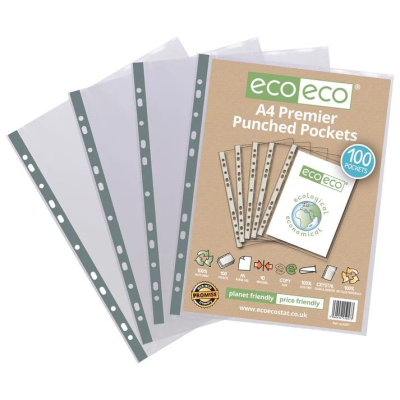 ECO-ECO 90 MICRON A4 100% RECYCLED MULTI PUNCHED POCKETS (UK STOCK)