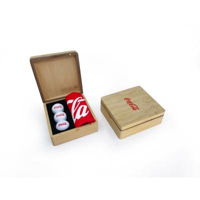 MINI HINGED MAGNETIC BAMBOO TOWEL AND BALL GOLF PRESENTATION BOX