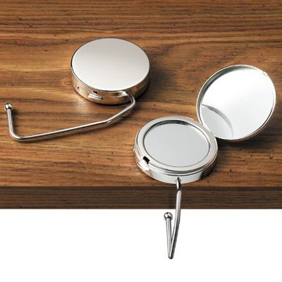 ROUND HANDBAG HANGER HOOK with Mirror in Silver Chrome Metal