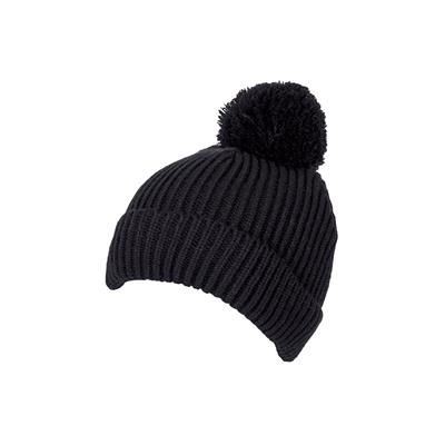 100% LOOSE KNIT ACRYLIC RIBBED BOBBLE BEANIE HAT in Black with Turn-up