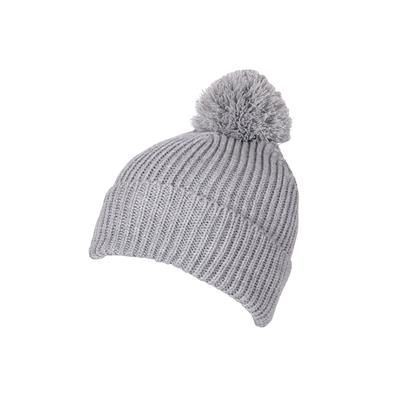 100% LOOSE KNIT ACRYLIC RIBBED BOBBLE BEANIE HAT in Grey with Turn-up