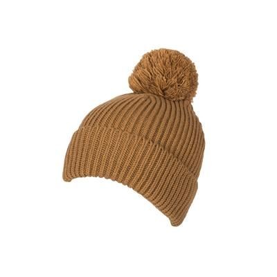 100% LOOSE KNIT ACRYLIC RIBBED BOBBLE BEANIE HAT in Khaki with Turn-up