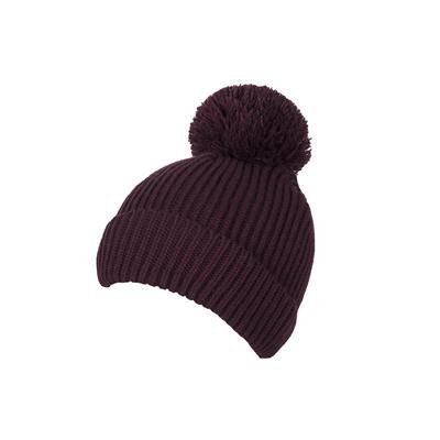 100% LOOSE KNIT ACRYLIC RIBBED BOBBLE BEANIE HAT in Maroon with Turn-up