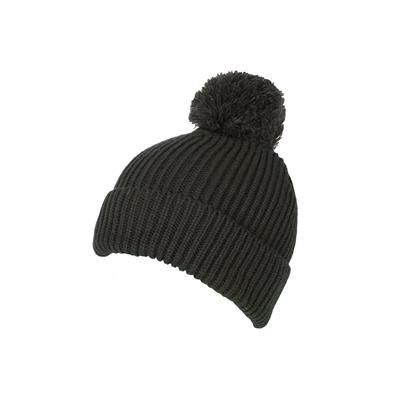 100% LOOSE KNIT ACRYLIC RIBBED BOBBLE BEANIE HAT in Olive Green with Turn-up
