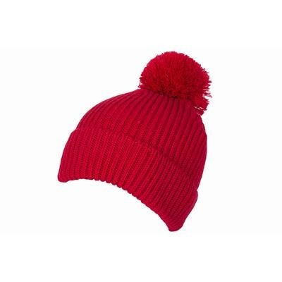 100% LOOSE KNIT ACRYLIC RIBBED BOBBLE BEANIE HAT in Red with Turn-up