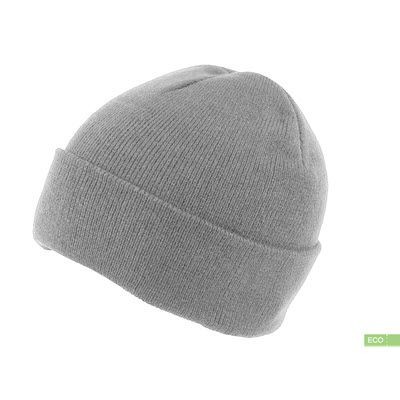 100% RECYCLED POLYESTER KNITTED BEANIE HAT with Turn-Up in Grey