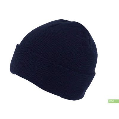 100% RECYCLED POLYESTER KNITTED BEANIE HAT with Turn-Up in Navy Blue