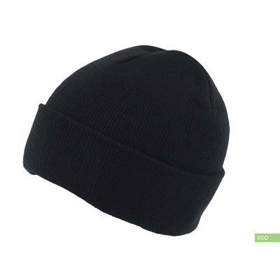 100% RECYCLED POLYESTER KNITTED BEANIE with Turn-Up in Black
