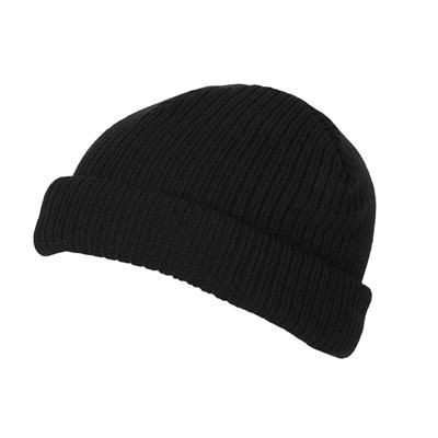 100% SHORT FIT ACRYLIC RIBBED BEANIE HAT in Black with Turn-up