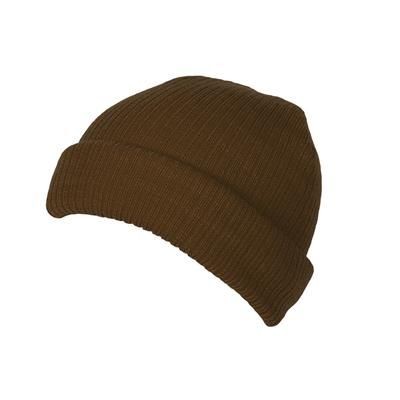 100% SHORT FIT ACRYLIC RIBBED BEANIE HAT in Brown with Turn-up