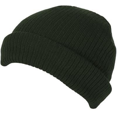 100% SHORT FIT ACRYLIC RIBBED BEANIE HAT in Olive Green with Turn-up