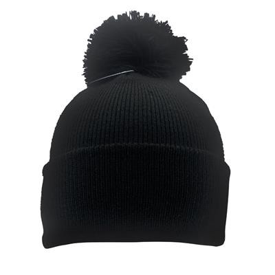 POLYLANA KNITTED BOBBLE BEANIE WITH TURN UP in Black