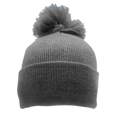 POLYLANA KNITTED BOBBLE BEANIE WITH TURN UP in Grey